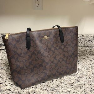 Coach Dark Brown Signature Leather Monogram Medium Tote Bag